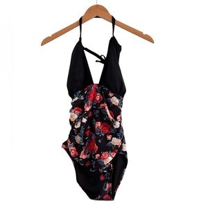 Like new deep v-neck halter floral ruched sided padded one piece swimsuit